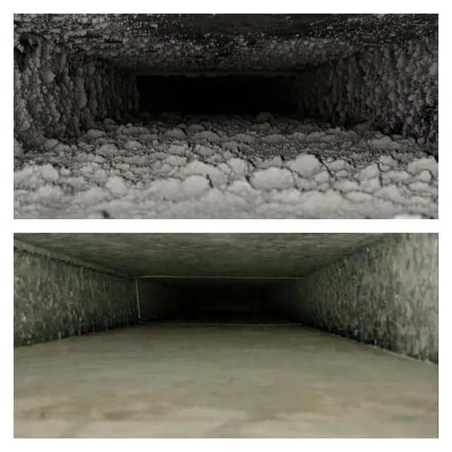 Supply duct interior before and after cleaning