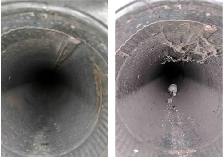 Dryer vent duct interior, before and after cleaning